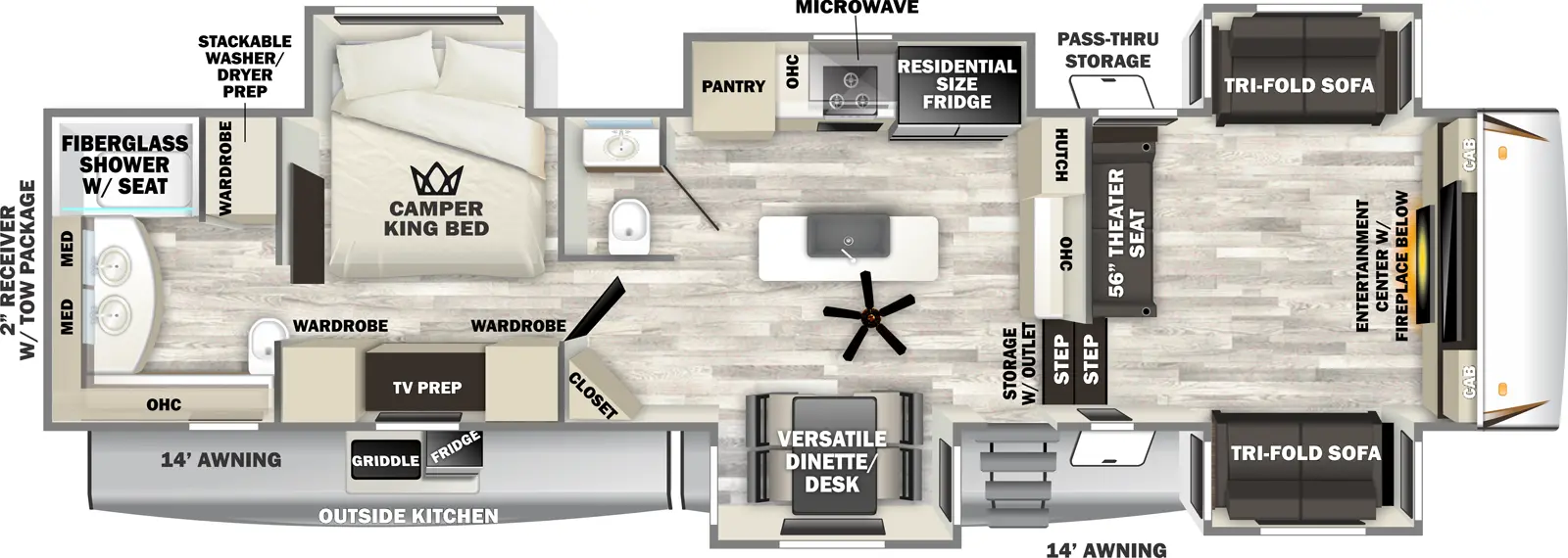The Sabre 37FLH floorplan has one entry and five slide outs. Exterior features include: fiberglass exterior, 14' & 14' awning and outside kitchen. Interiors features include: kitchen island, front living, rear bathroom and bathroom and a half.